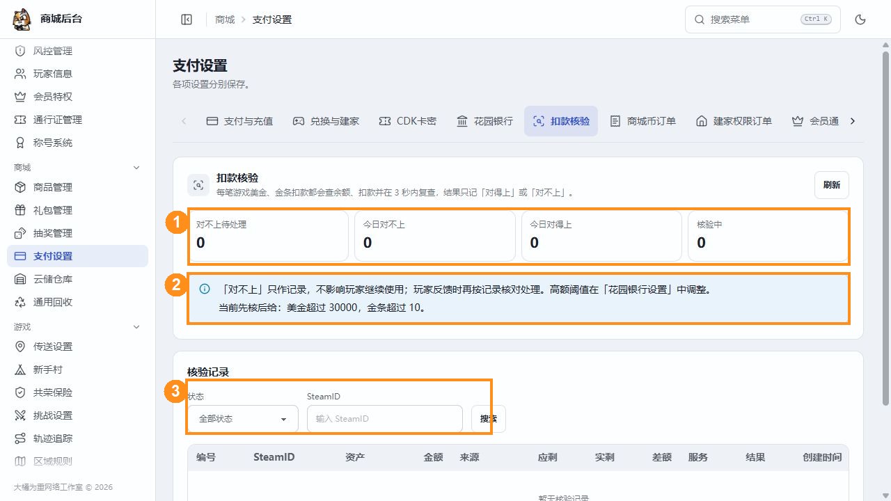 扣款核验统计、阈值说明及记录筛选